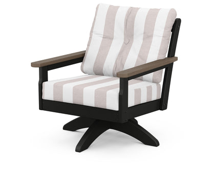 POLYWOOD® Vineyard Deep Seating Swivel Chair in Black / Kona / Cabana Stripe Dune Burlap