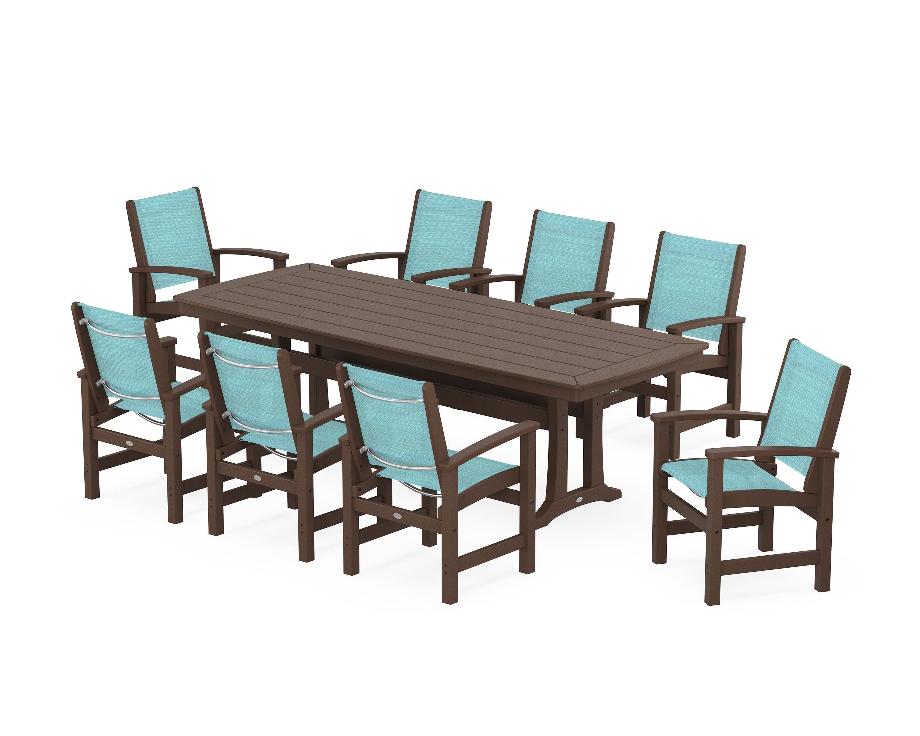 POLYWOOD® Coastal 9-Piece Dining Set with Trestle Legs in Mahogany / Dupioni Aquamarine Sling
