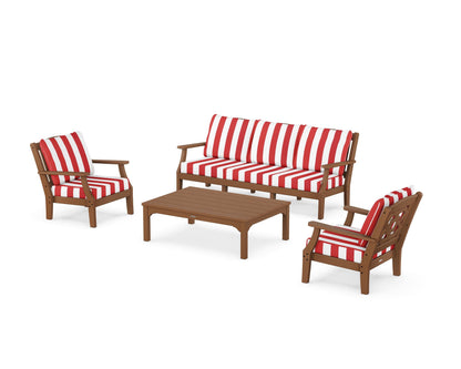 Martha Stewart by POLYWOOD® Chinoiserie 4-Piece Deep Seating Set with Sofa in Teak / Cabana Stripe Crimson