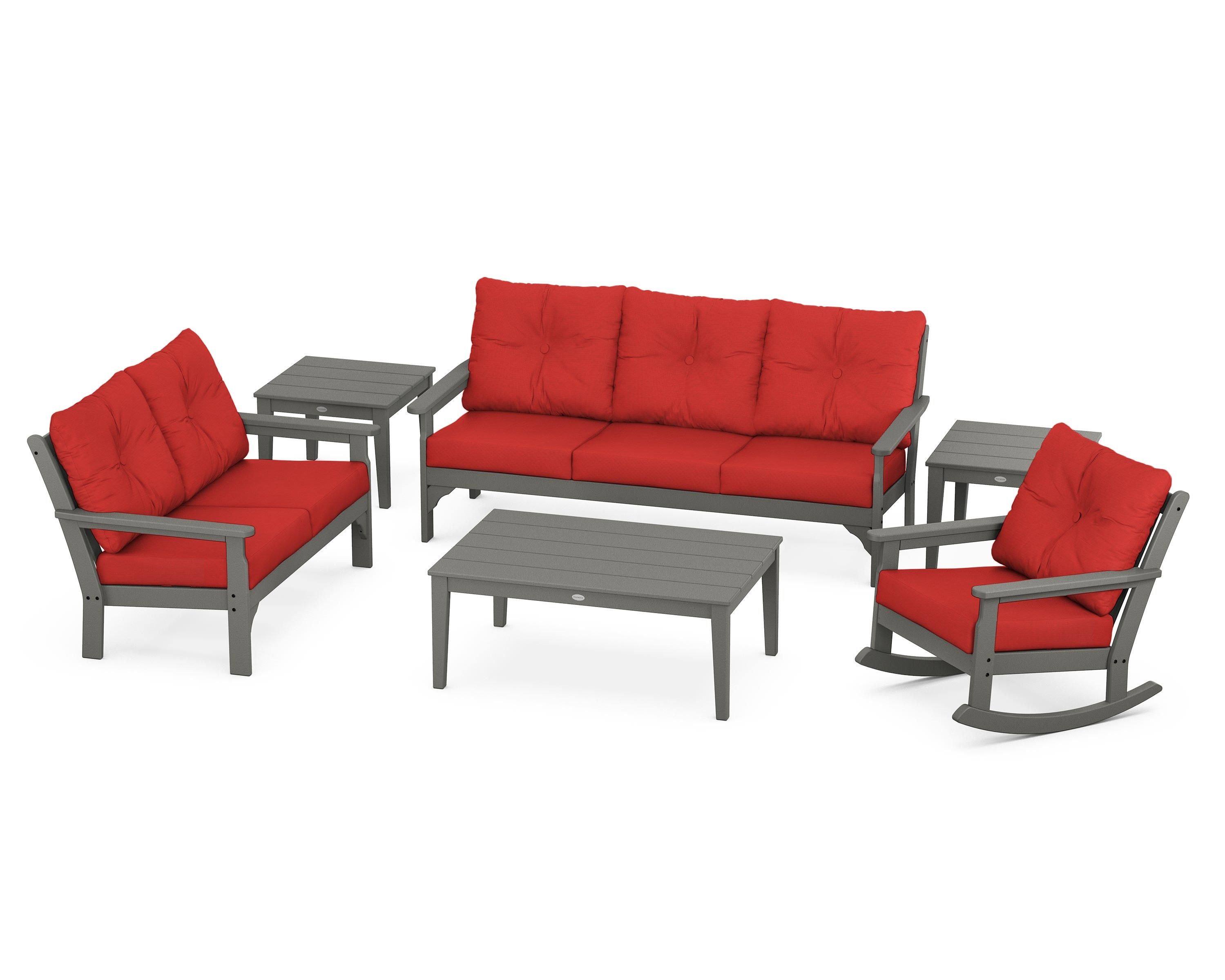 POLYWOOD® Vineyard 6-Piece Deep Seating Set in Slate Grey / Crimson Linen