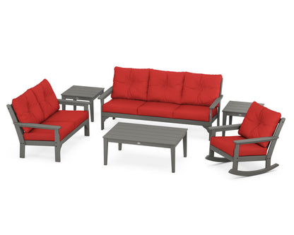 POLYWOOD® Vineyard 6-Piece Deep Seating Set in Slate Grey / Crimson Linen