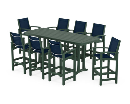 POLYWOOD® Coastal 9-Piece Bar Set with Trestle Legs in Green / Navy Blue Sling