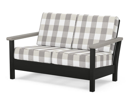 POLYWOOD® Harbour Deep Seating Loveseat in Black / Driftwood / Buffalo Plaid Grey Mist