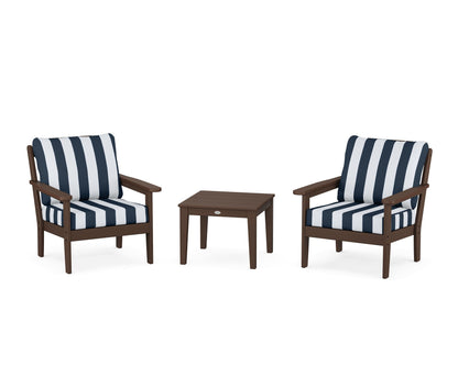 Country Living Cottage 3-Piece Deep Seating Set in Mahogany / Cabana Stripe Marine Indigo