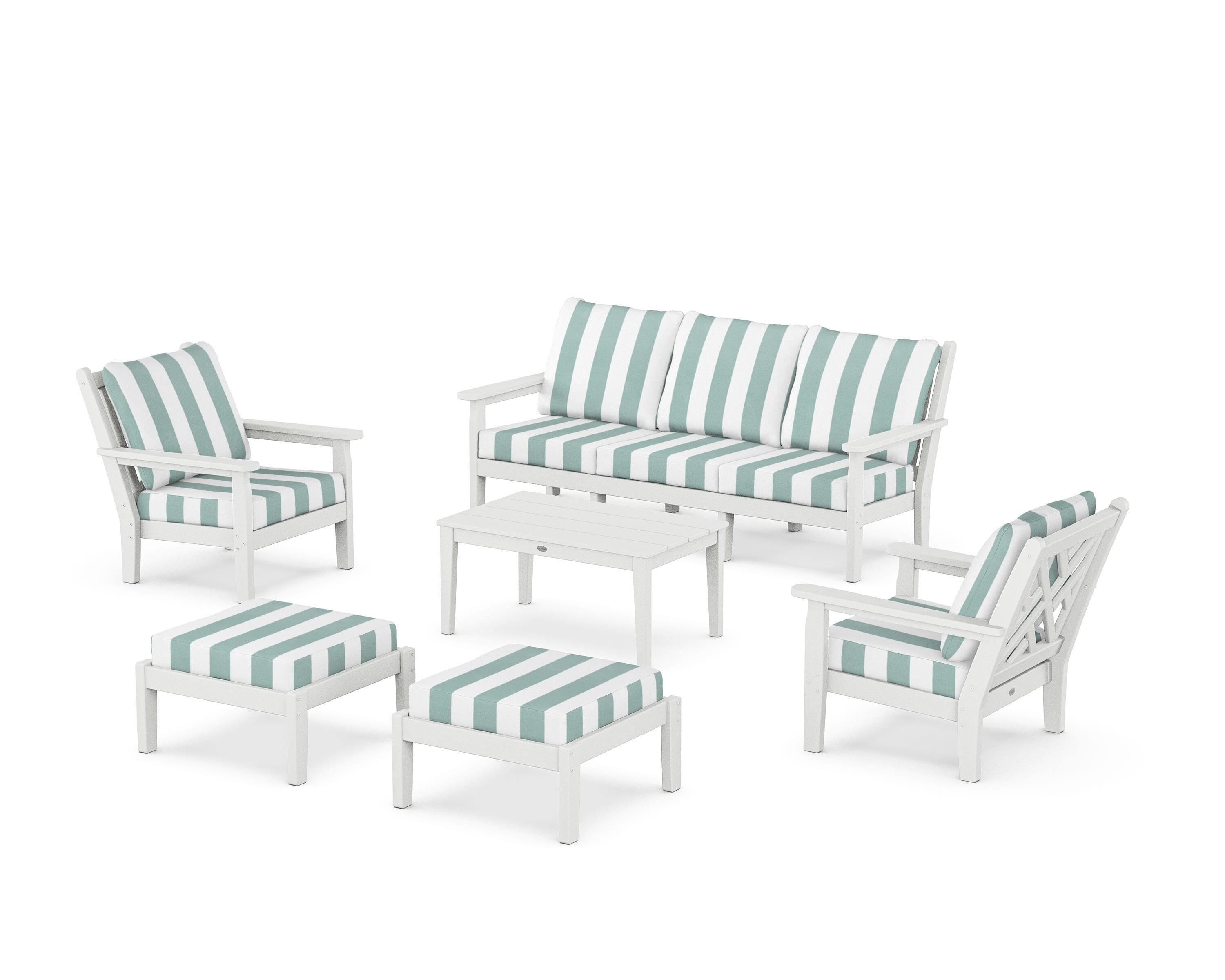 POLYWOOD® Chippendale 6-Piece Lounge Sofa Set in White / Cabana Stripe Glacier Spa
