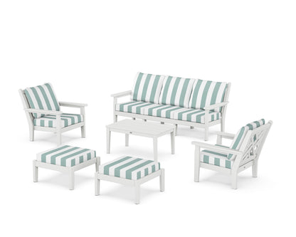 POLYWOOD® Chippendale 6-Piece Lounge Sofa Set in White / Cabana Stripe Glacier Spa