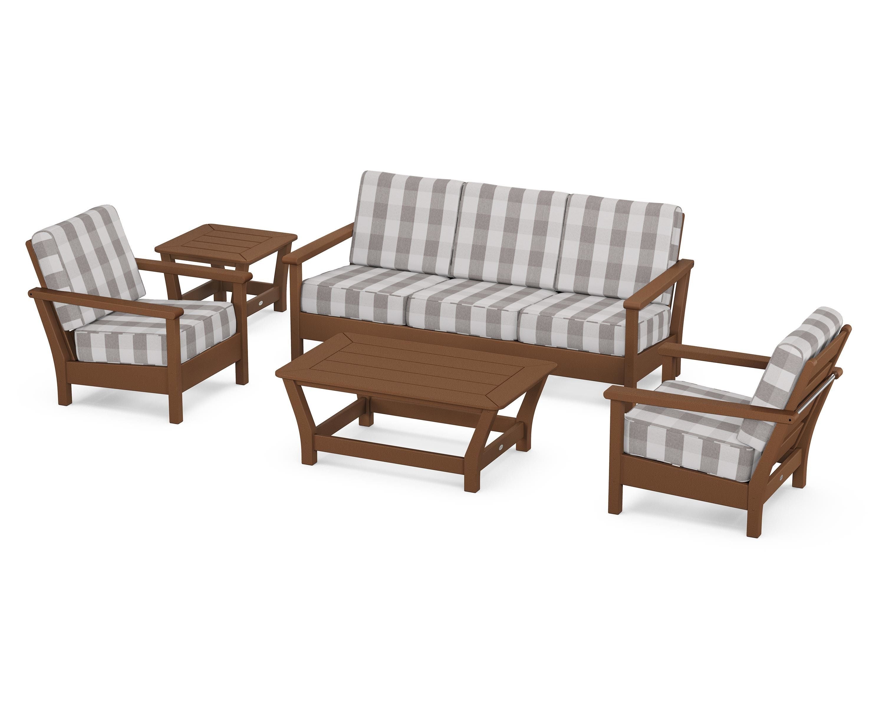 POLYWOOD® Harbour 5-Piece Deep Seating Set in Teak / Buffalo Plaid Grey Mist