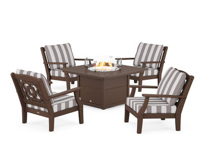 Martha Stewart by POLYWOOD® Chinoiserie 5-Piece Deep Seating Set with Fire Pit Table in Mahogany / Cabana Stripe Grey Mist
