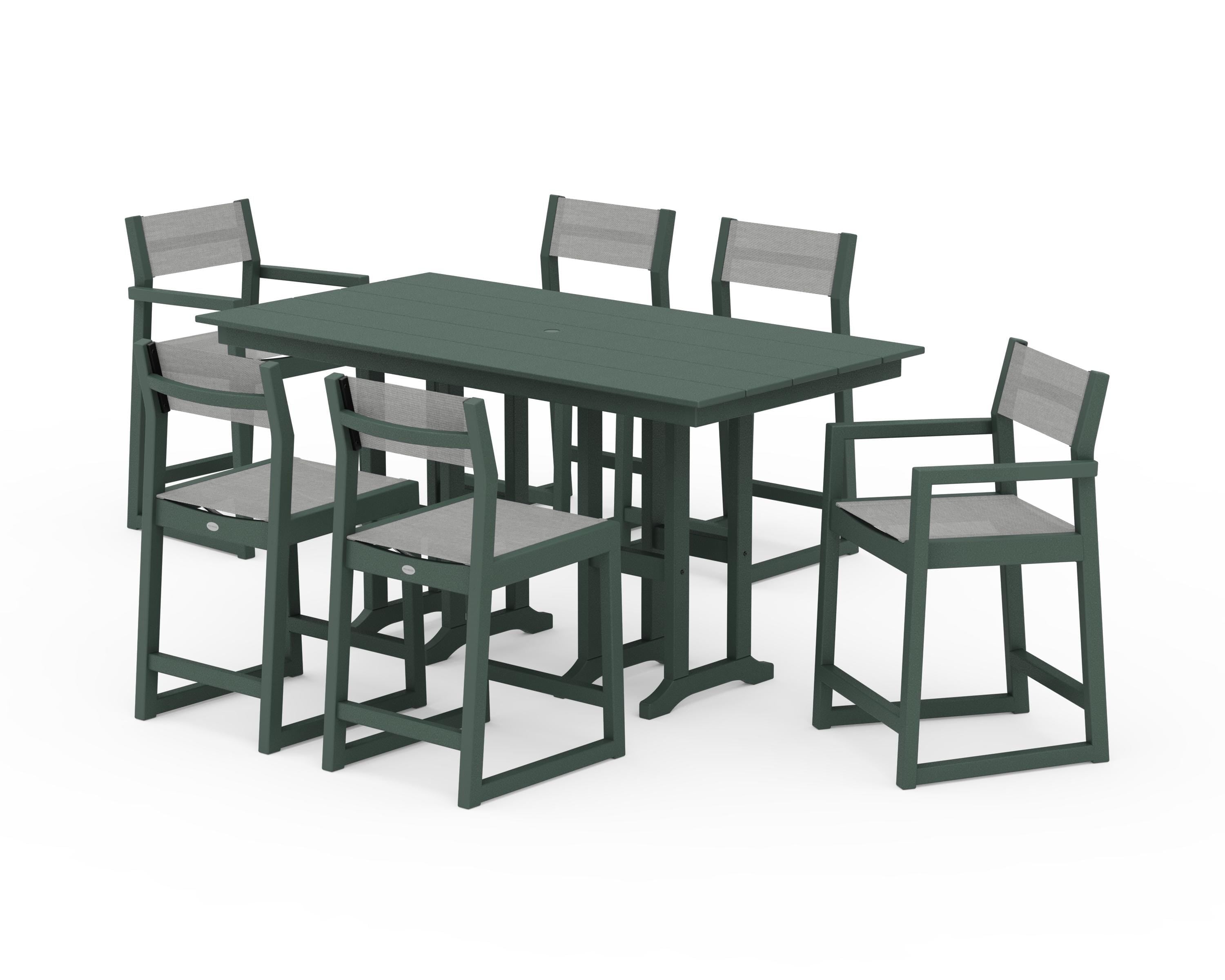 POLYWOOD® EDGE Sling 7-Piece Farmhouse Counter Set with Trestle Legs in Green / Metallic Sling