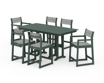 POLYWOOD® EDGE Sling 7-Piece Farmhouse Counter Set with Trestle Legs in Green / Metallic Sling