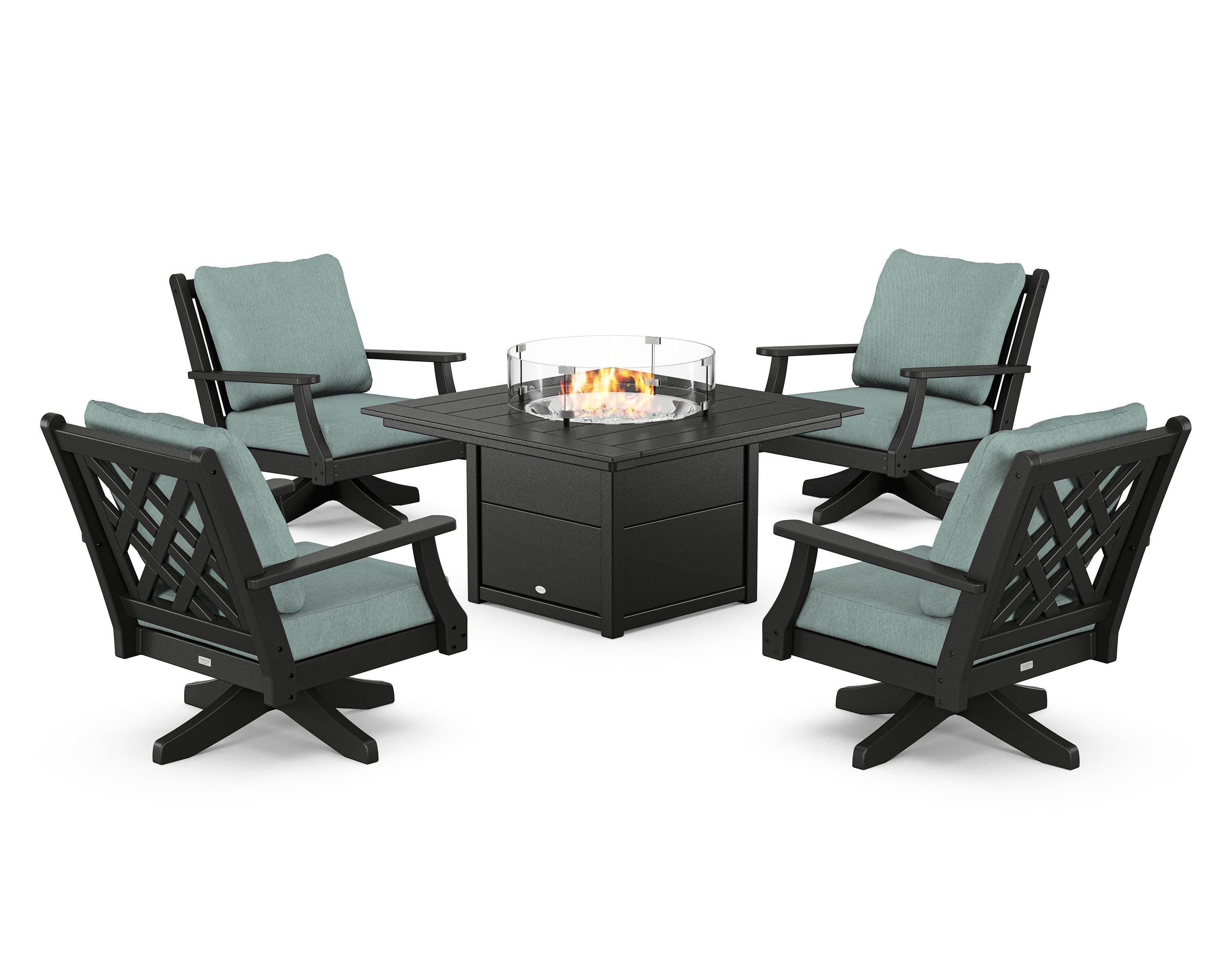 Country Living Wovendale 5-Piece Deep Seating Swivel Conversation Set with Fire Pit Table in Black / Glacier Spa