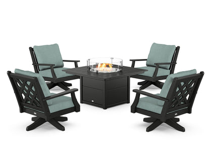 Country Living Wovendale 5-Piece Deep Seating Swivel Conversation Set with Fire Pit Table in Black / Glacier Spa