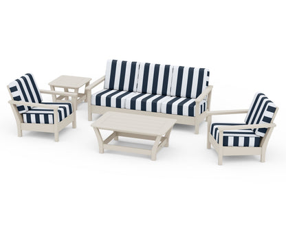 POLYWOOD® Harbour 5-Piece Deep Seating Set in Sand / Cabana Stripe Marine Indigo