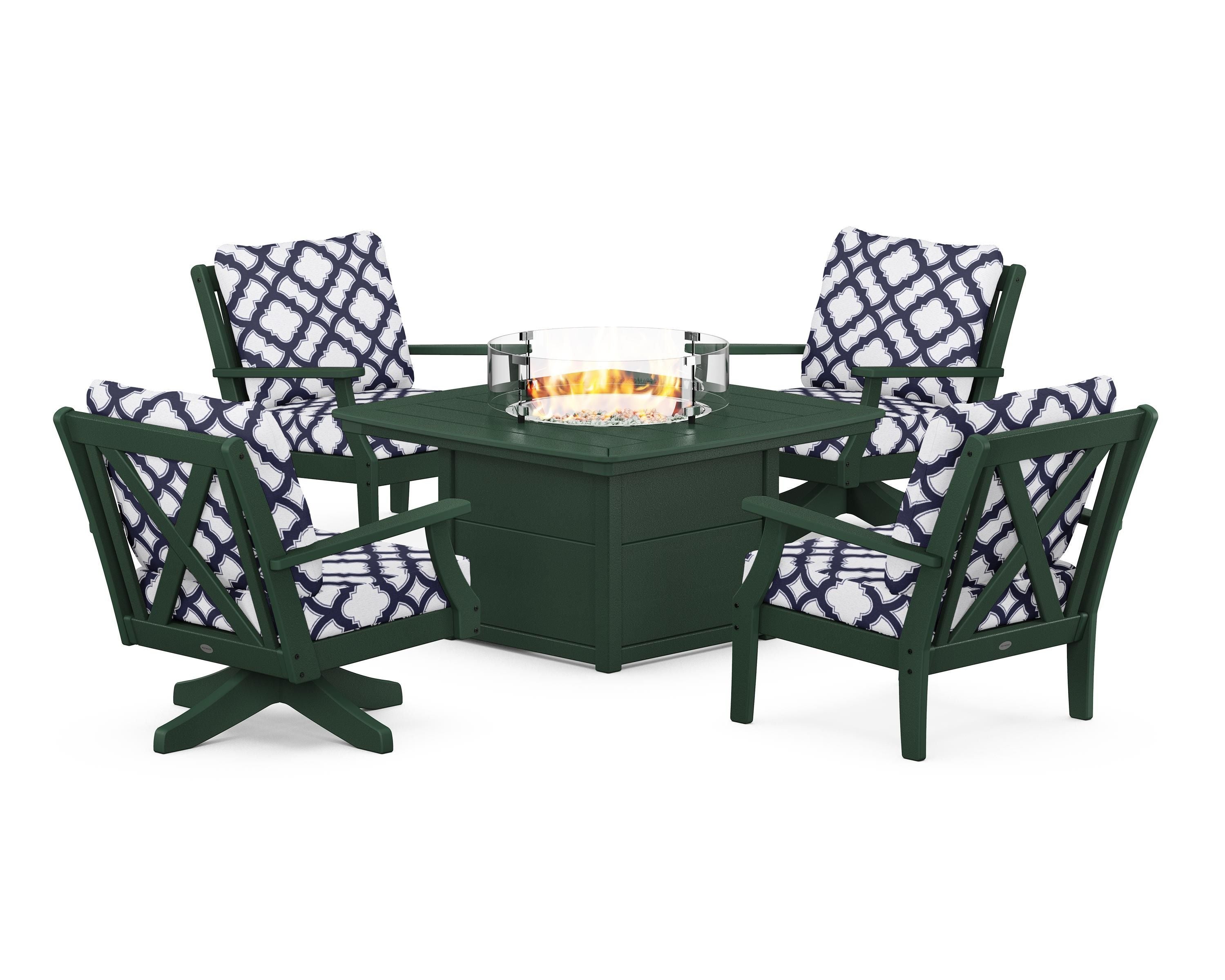 POLYWOOD® Braxton 5-Piece Deep Seating Set with Fire Table in Green / Trellis Navy