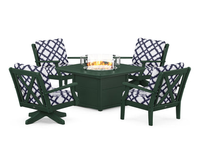 POLYWOOD® Braxton 5-Piece Deep Seating Set with Fire Table in Green / Trellis Navy