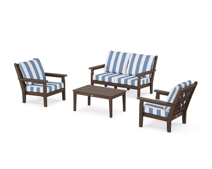 POLYWOOD® Chippendale 4-Piece Deep Seating Set with Loveseat in Mahogany / Cabana Stripe Sky Blue