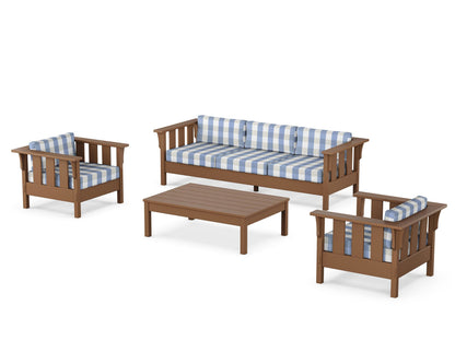 Martha Stewart by POLYWOOD® Acadia 4-Piece Deep Seating Set with Sofa in Teak / Buffalo Plaid Sky Blue