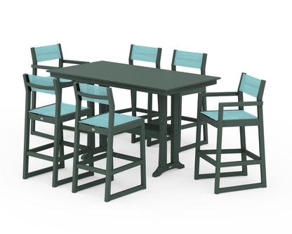 POLYWOOD® EDGE Sling 7-Piece Farmhouse Bar Set with Trestle Legs in Green / Dupioni Aquamarine Sling