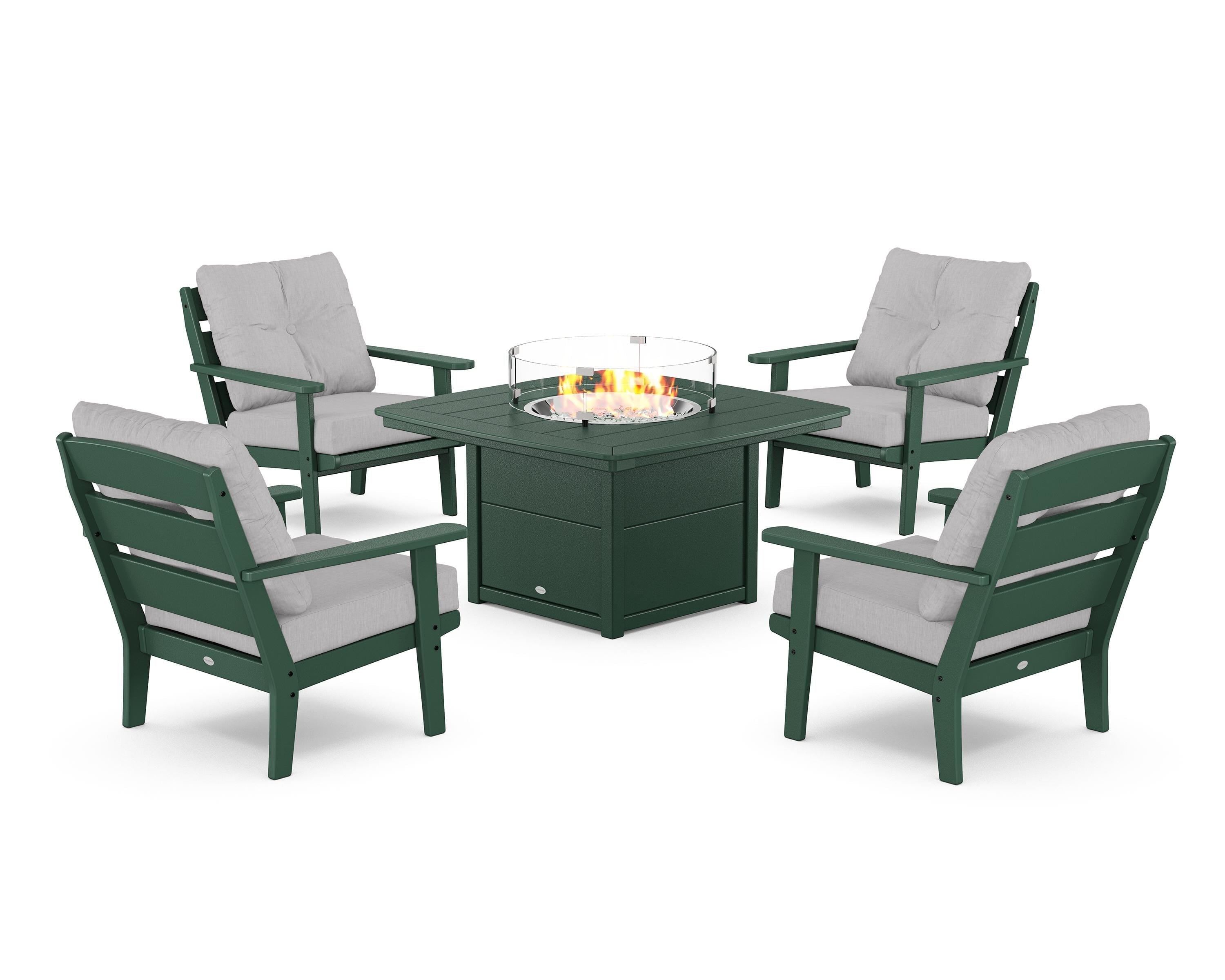POLYWOOD® Lakeside 5-Piece Deep Seating Set with Nautical Fire Pit Table in Green / Granite