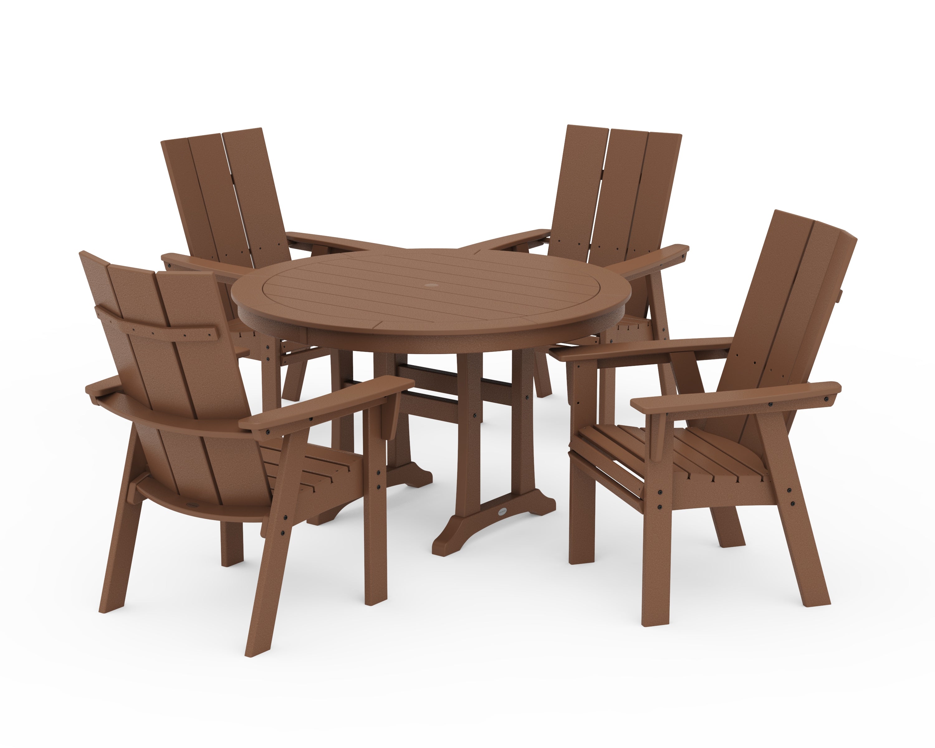 POLYWOOD® Modern Curveback Adirondack 5-Piece Nautical Trestle Dining Set in Teak