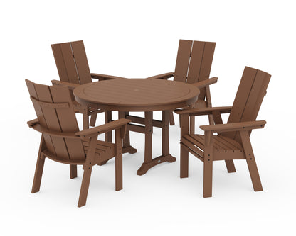POLYWOOD® Modern Curveback Adirondack 5-Piece Nautical Trestle Dining Set in Teak