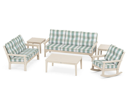 POLYWOOD® Vineyard 6-Piece Deep Seating Set in Sand / Buffalo Plaid Glacier Spa