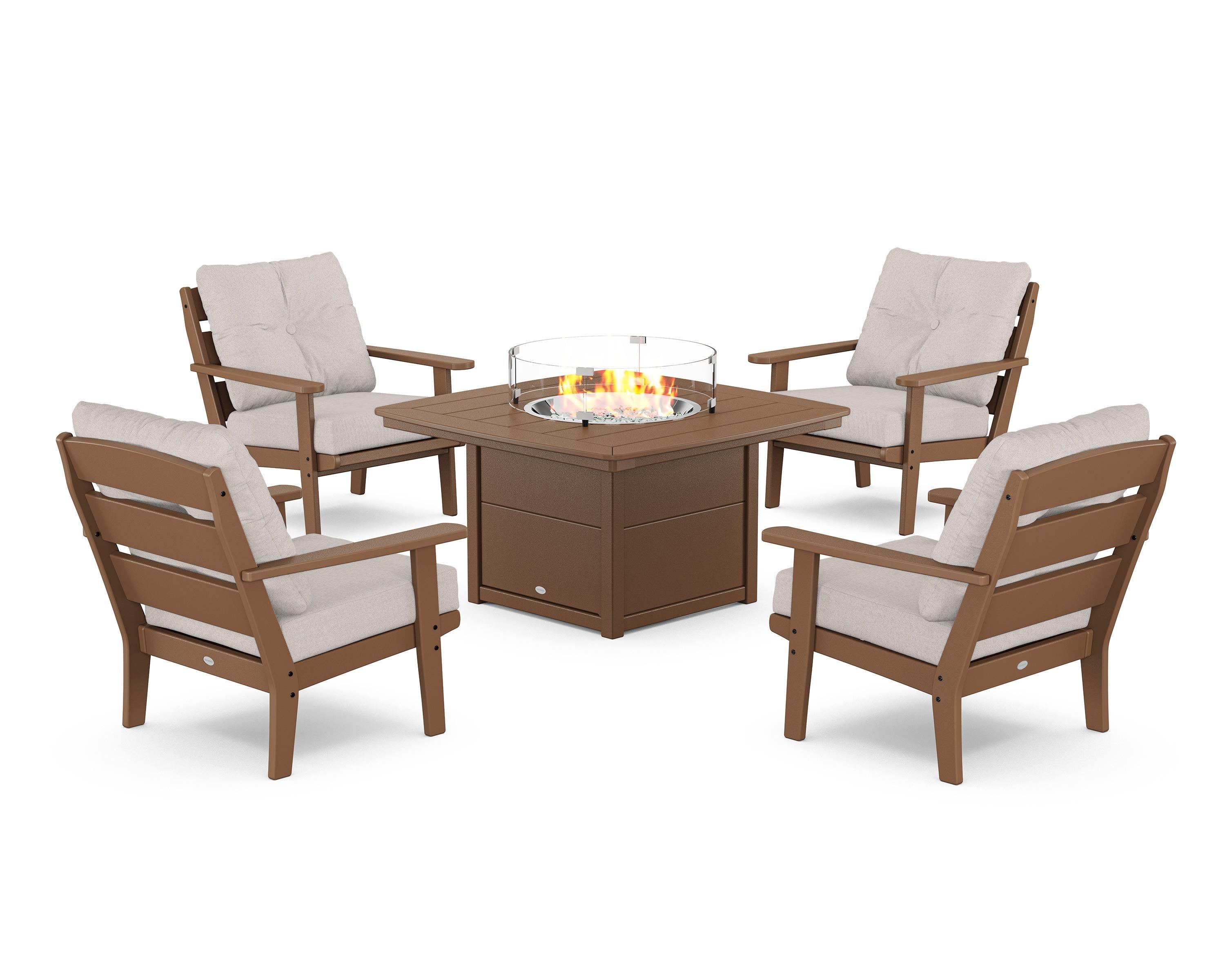 POLYWOOD® Lakeside 5-Piece Deep Seating Set with Nautical Fire Pit Table in Teak / Dune Burlap