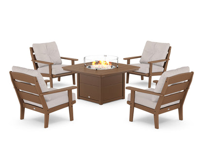 POLYWOOD® Lakeside 5-Piece Deep Seating Set with Nautical Fire Pit Table in Teak / Dune Burlap