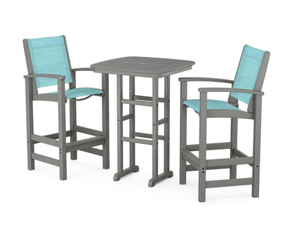 POLYWOOD® Coastal 3-Piece Bar Set in Slate Grey / Dupioni Aquamarine Sling