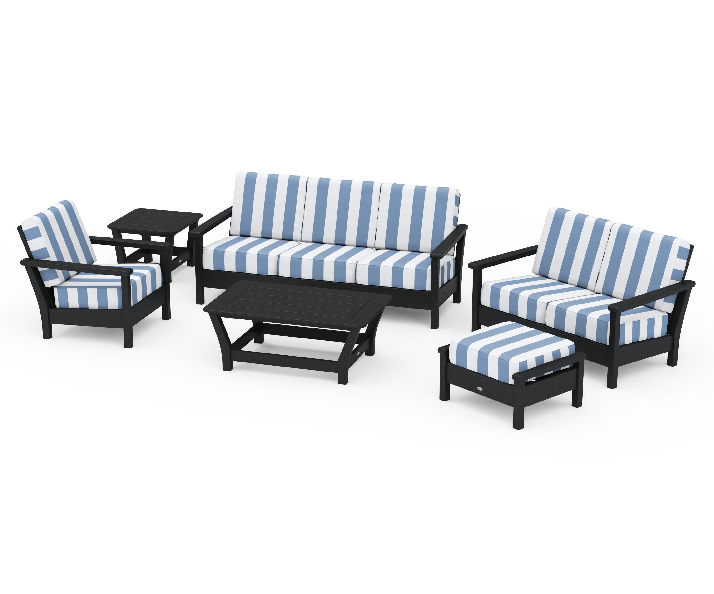 POLYWOOD® Harbour 6-Piece Outdoor Living Set in Black / Cabana Stripe Sky Blue