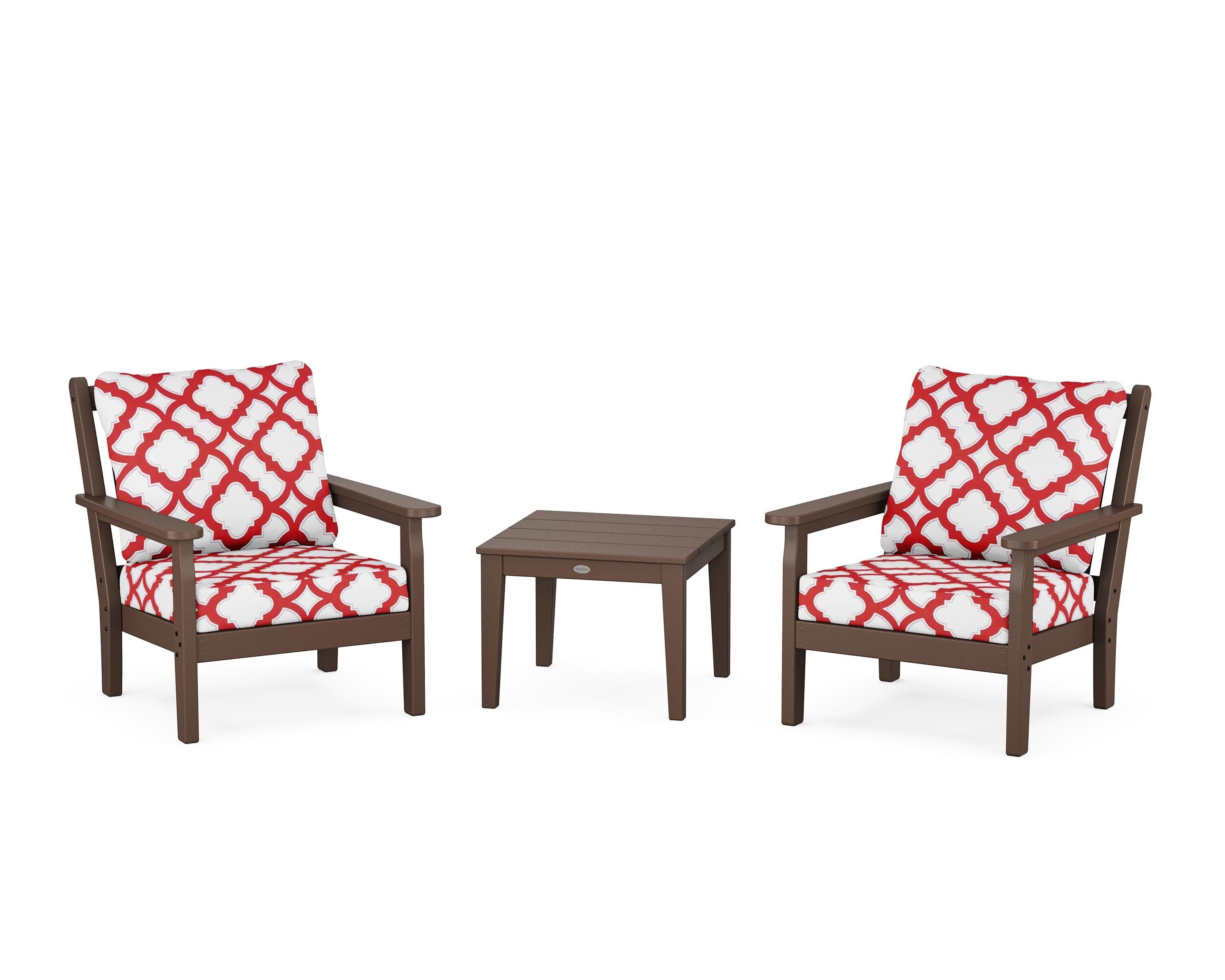 POLYWOOD® Chippendale 3-Piece Deep Seating Set in Mahogany / Trellis Crimson