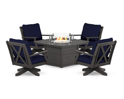 POLYWOOD® Braxton 5-Piece Deep Seating Swivel Conversation Set with Fire Pit Table in Vintage Coffee / Navy