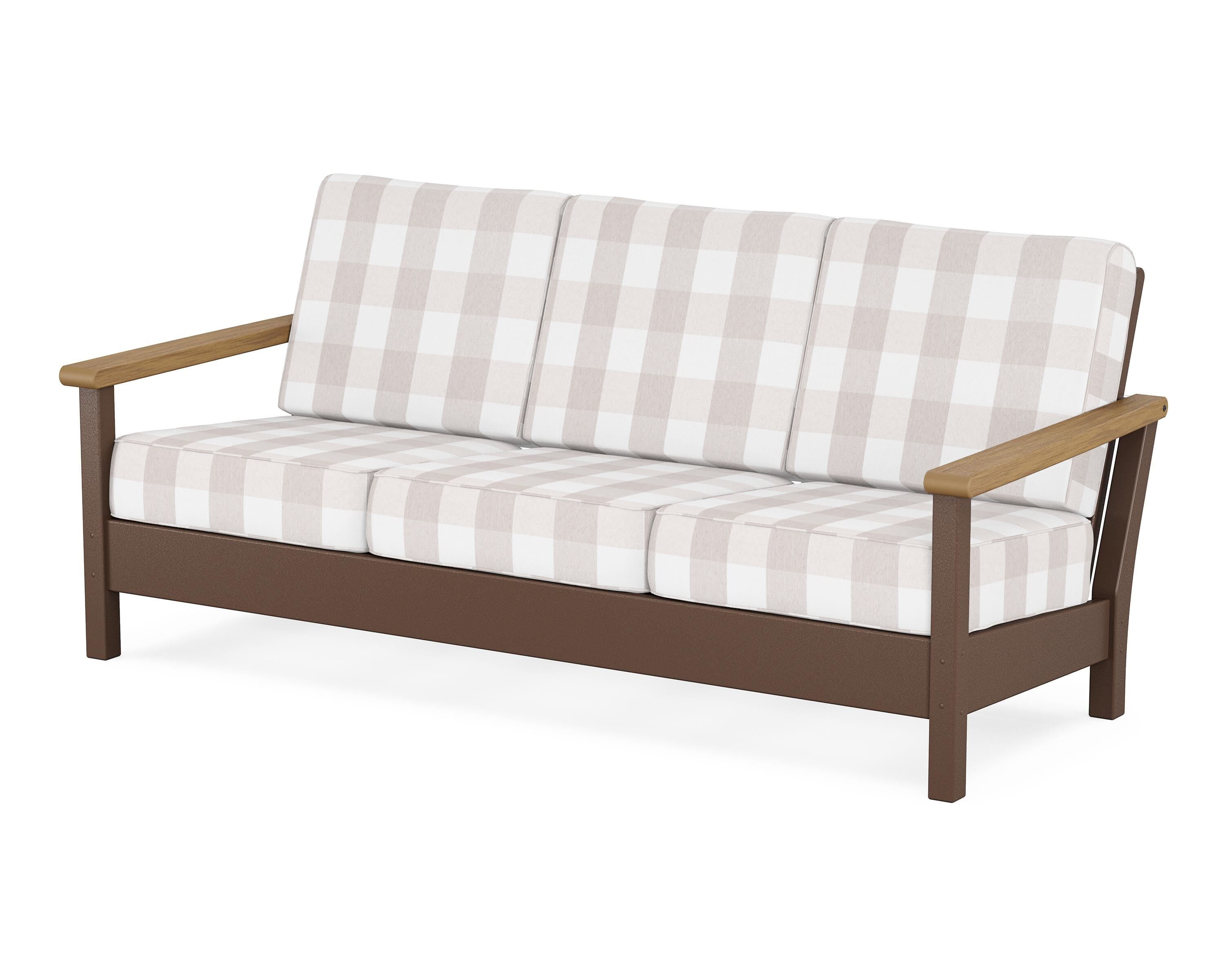 POLYWOOD® Harbour Deep Seating Sofa in Mahogany / Natural / Buffalo Plaid Dune Burlap