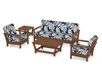 POLYWOOD® Harbour 5-Piece Deep Seating Set in Teak / Leaf Marine Indigo