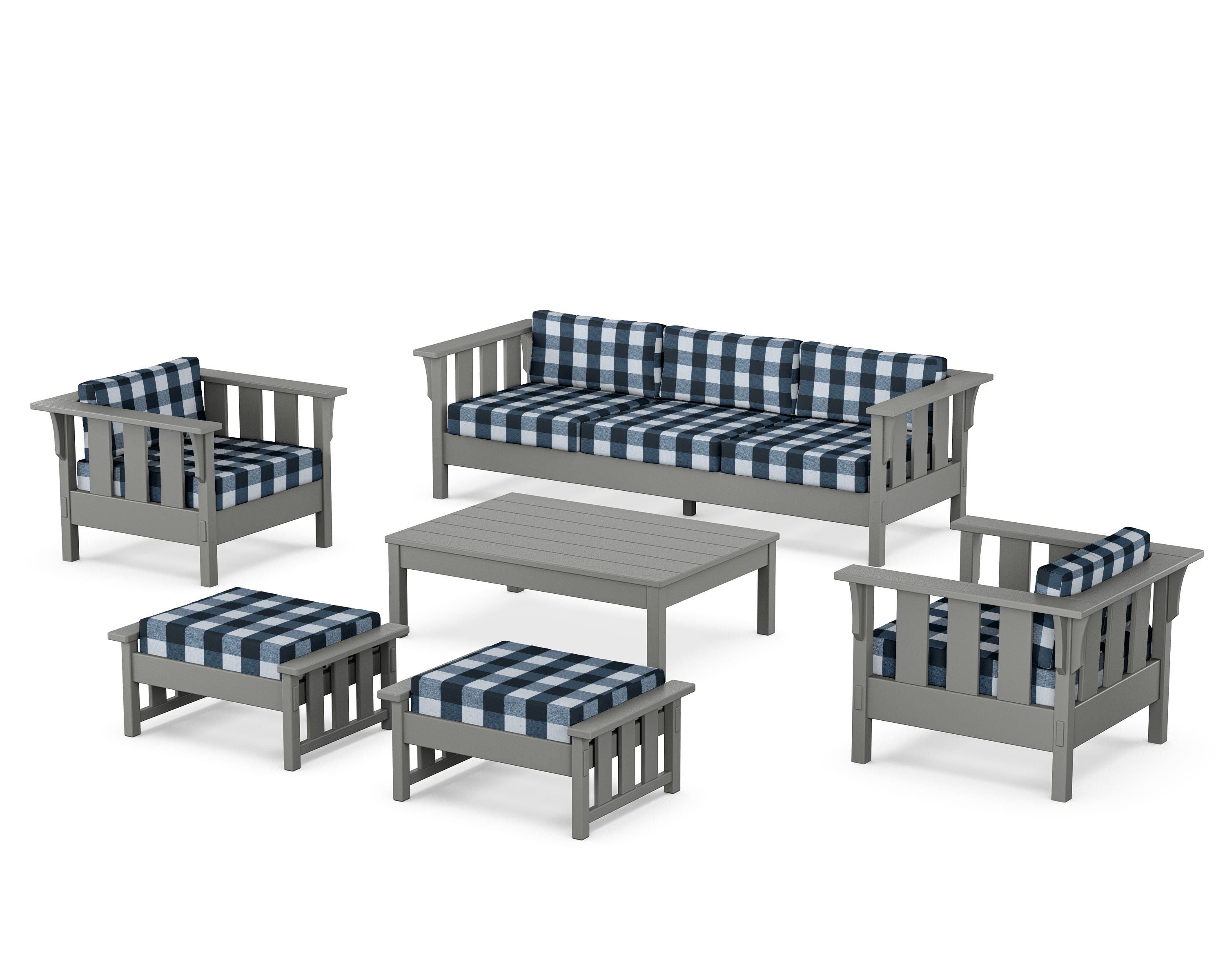 Martha Stewart by POLYWOOD® Acadia 6-Piece Lounge Sofa Set in Slate Grey / Buffalo Plaid Marine Indigo