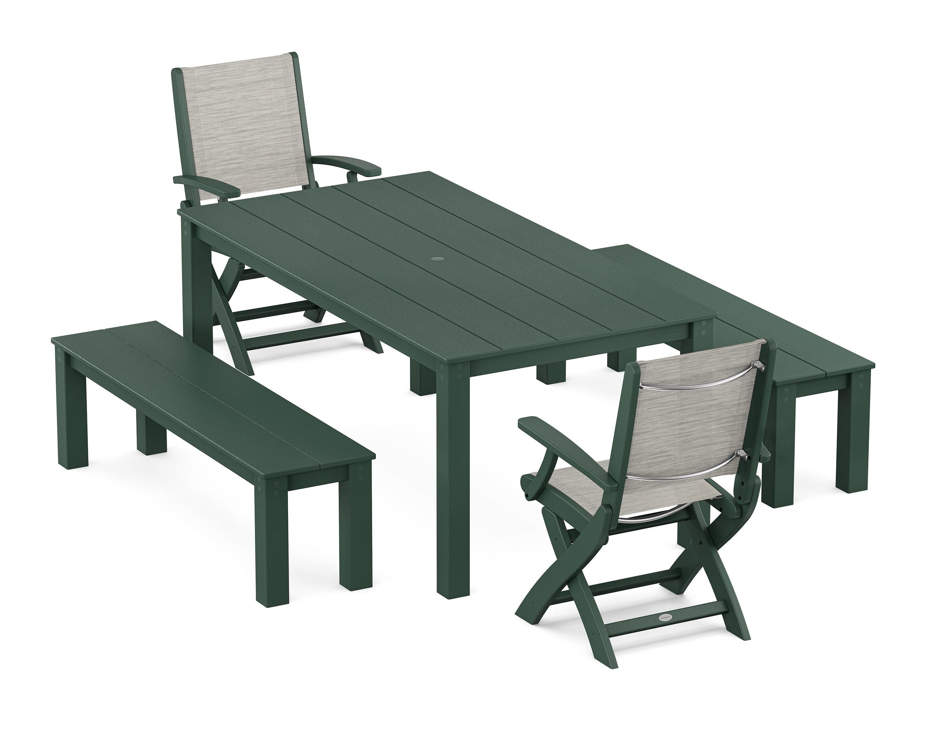 POLYWOOD® Coastal Folding Chair 5-Piece Parsons Dining Set with Benches in Green / Birch Sling