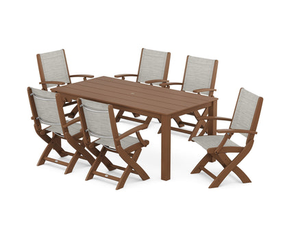 POLYWOOD® Coastal Folding Chair 7-Piece Parsons Dining Set in Teak / Birch Sling