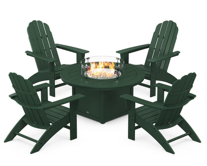 POLYWOOD® Vineyard Curveback Adirondack 5-Piece Conversation Set with Fire Pit Table in Green