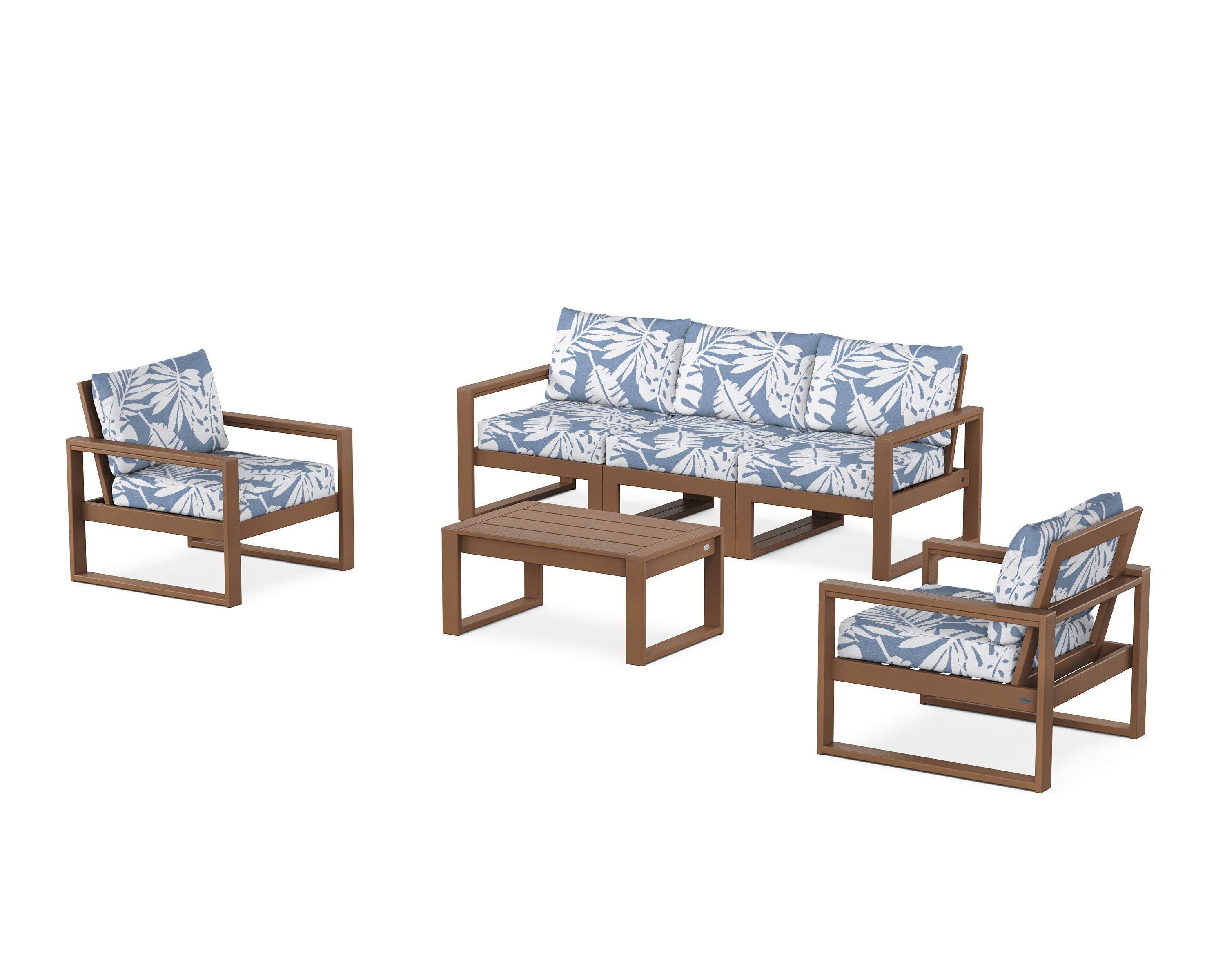POLYWOOD® EDGE Sectional 4-Piece Deep Seating Set with Sofa in Teak / Leaf Sky Blue