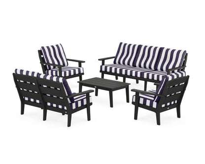POLYWOOD® Lakeside 5-Piece Lounge Sofa Set in Black / Cabana Stripe Navy