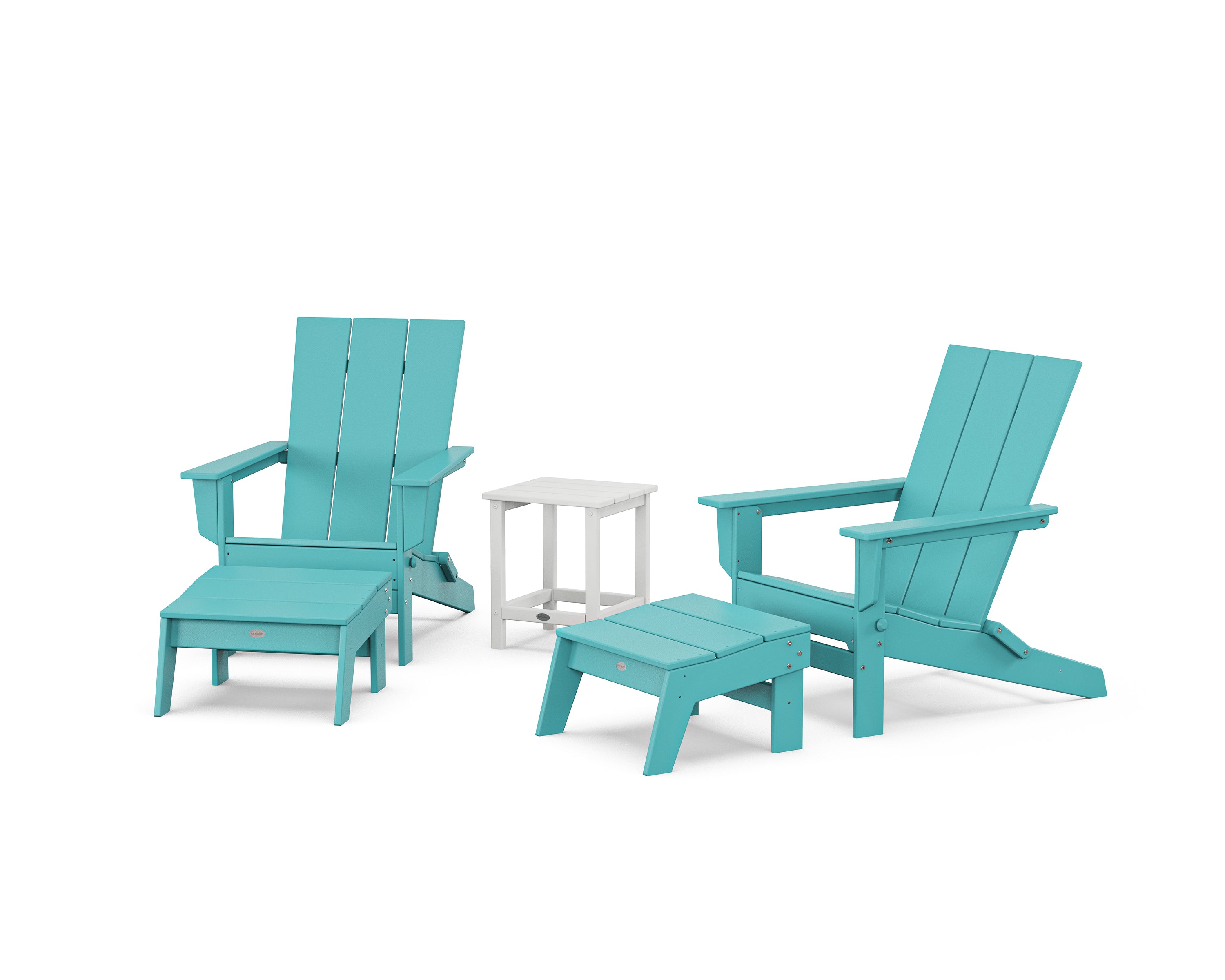 POLYWOOD® 5-Piece Modern Studio Folding Adirondack Set with Ottomans and Side Table  in Aruba / White