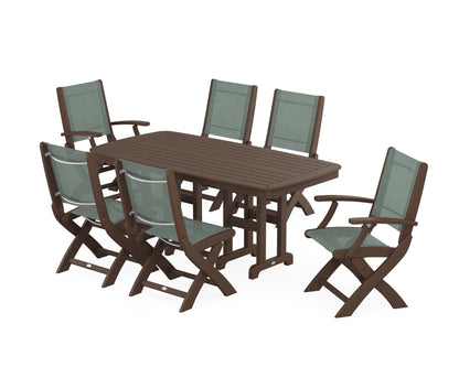 POLYWOOD® Coastal Folding Chair 7-Piece Dining Set in Mahogany / Dupioni Sea Mist Sling