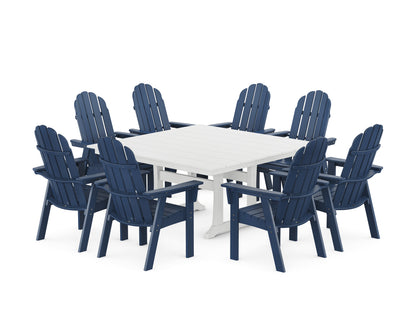 POLYWOOD® Vineyard Curveback Adirondack 9-Piece Square Farmhouse Dining Set with Trestle Legs in Navy / White