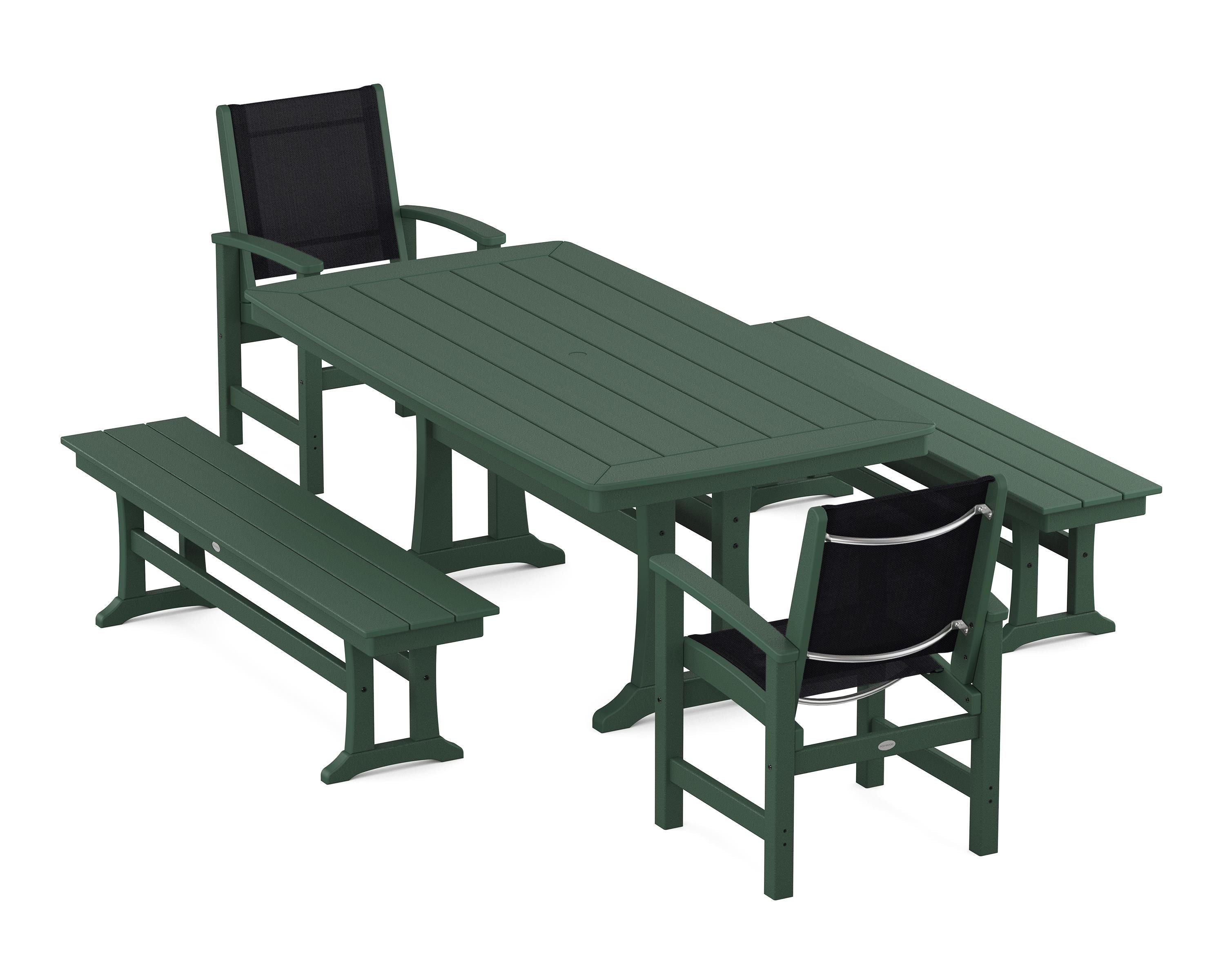 POLYWOOD® Coastal 5-Piece Dining Set with Trestle Legs and Benches in Green / Black Sling