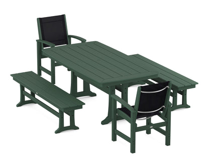 POLYWOOD® Coastal 5-Piece Dining Set with Trestle Legs and Benches in Green / Black Sling