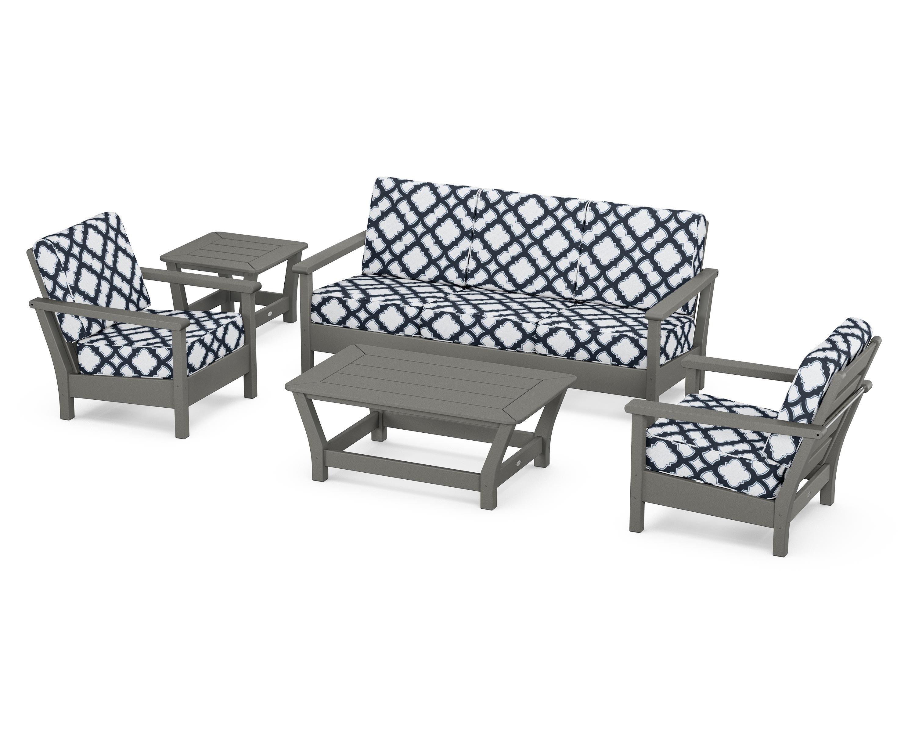 POLYWOOD® Harbour 5-Piece Deep Seating Set in Slate Grey / Trellis Marine Indigo