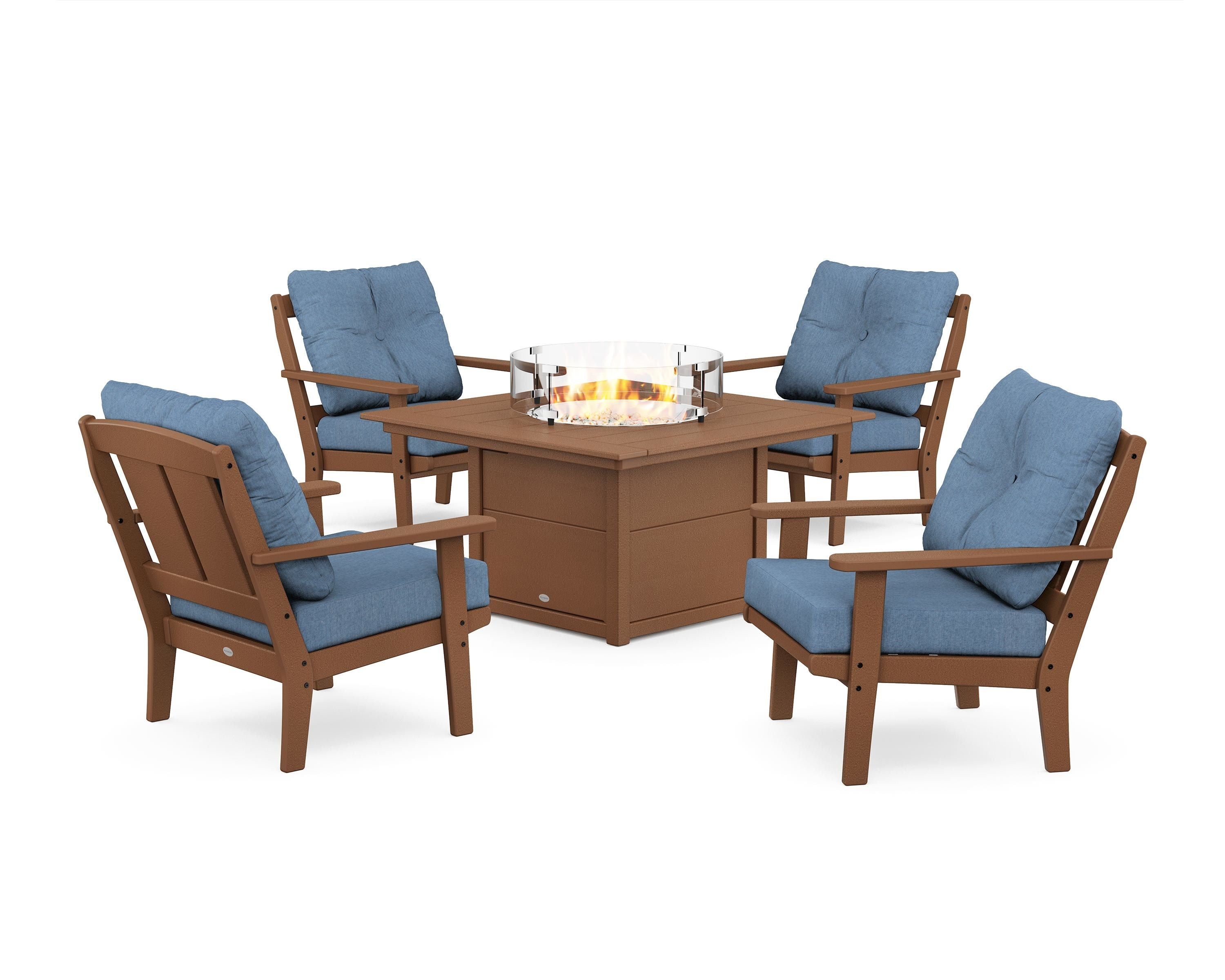 POLYWOOD® Mission 5-Piece Deep Seating Set with Fire Pit Table in Teak / Sky Blue