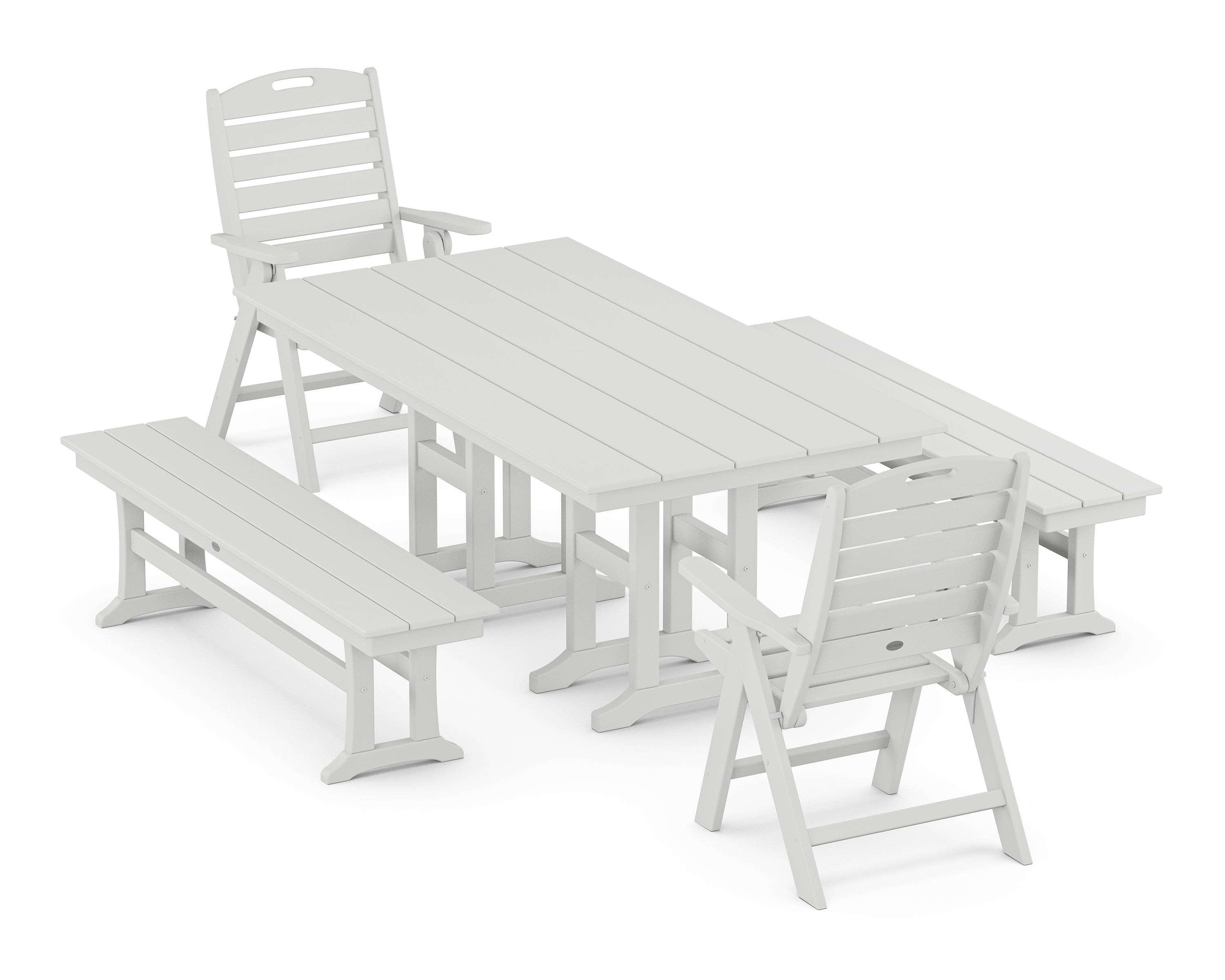 POLYWOOD® Nautical Highback 5-Piece Farmhouse Dining Set with Benches in White