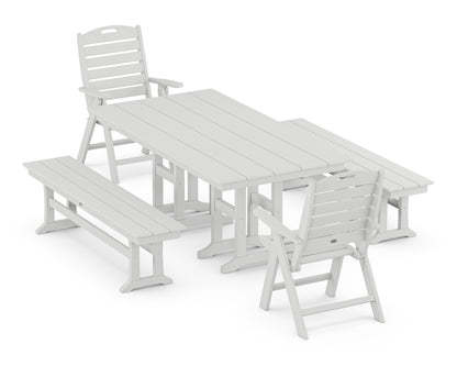 POLYWOOD® Nautical Highback 5-Piece Farmhouse Dining Set with Benches in White