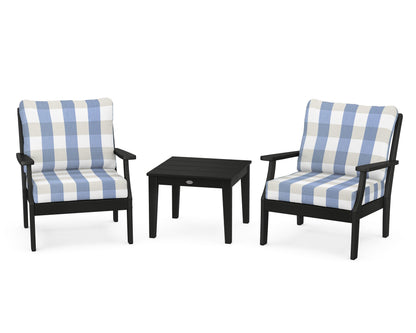 POLYWOOD® Braxton 3-Piece Deep Seating Set in Black / Buffalo Plaid Sky Blue